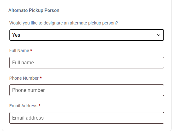 Checkout — Alternate Pickup Person section expanded with name, phone, and email fields