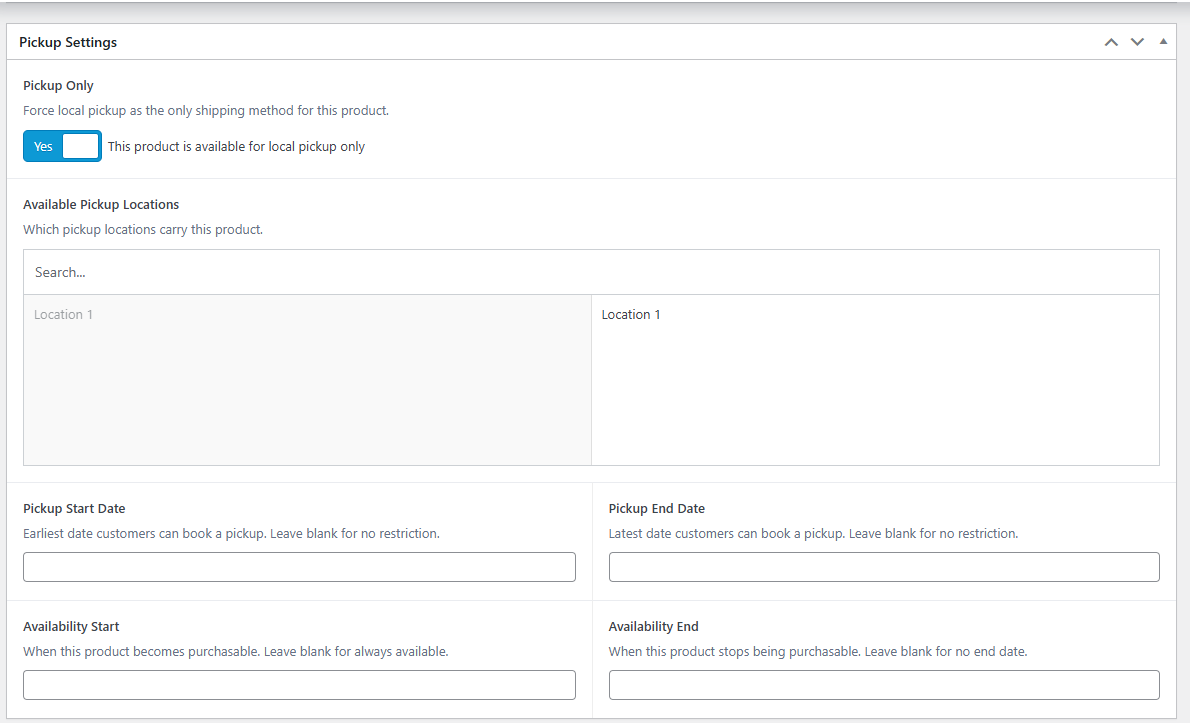 Product admin — Pickup Settings: Pickup Only toggle, location assignment, and booking window