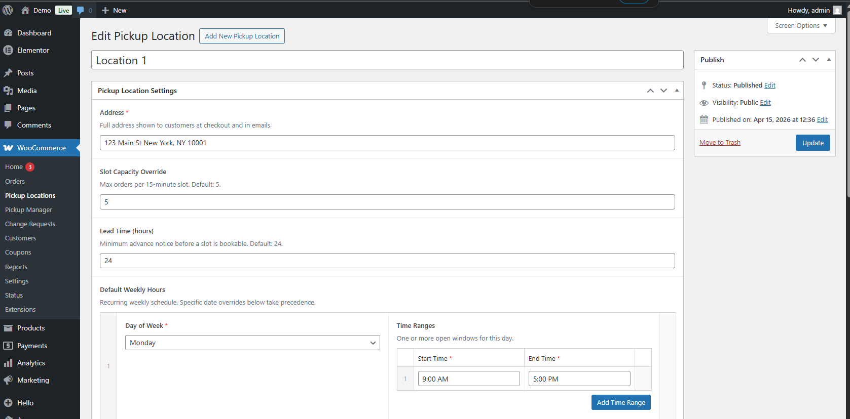 Pickup Location admin — address, slot capacity, lead time, and Default Weekly Hours