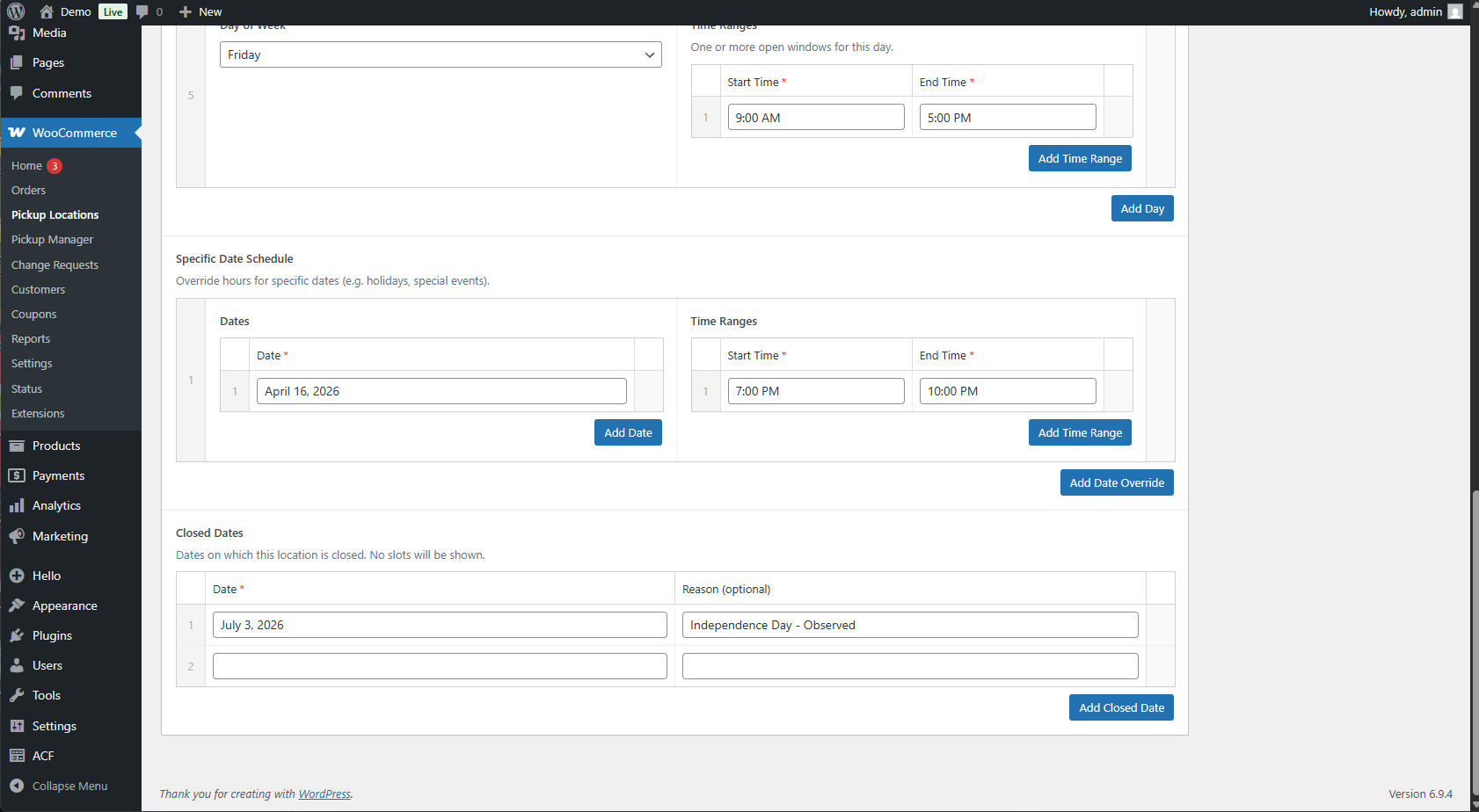 Pickup Location admin — Specific Date Schedule overrides and Closed Dates with reason field