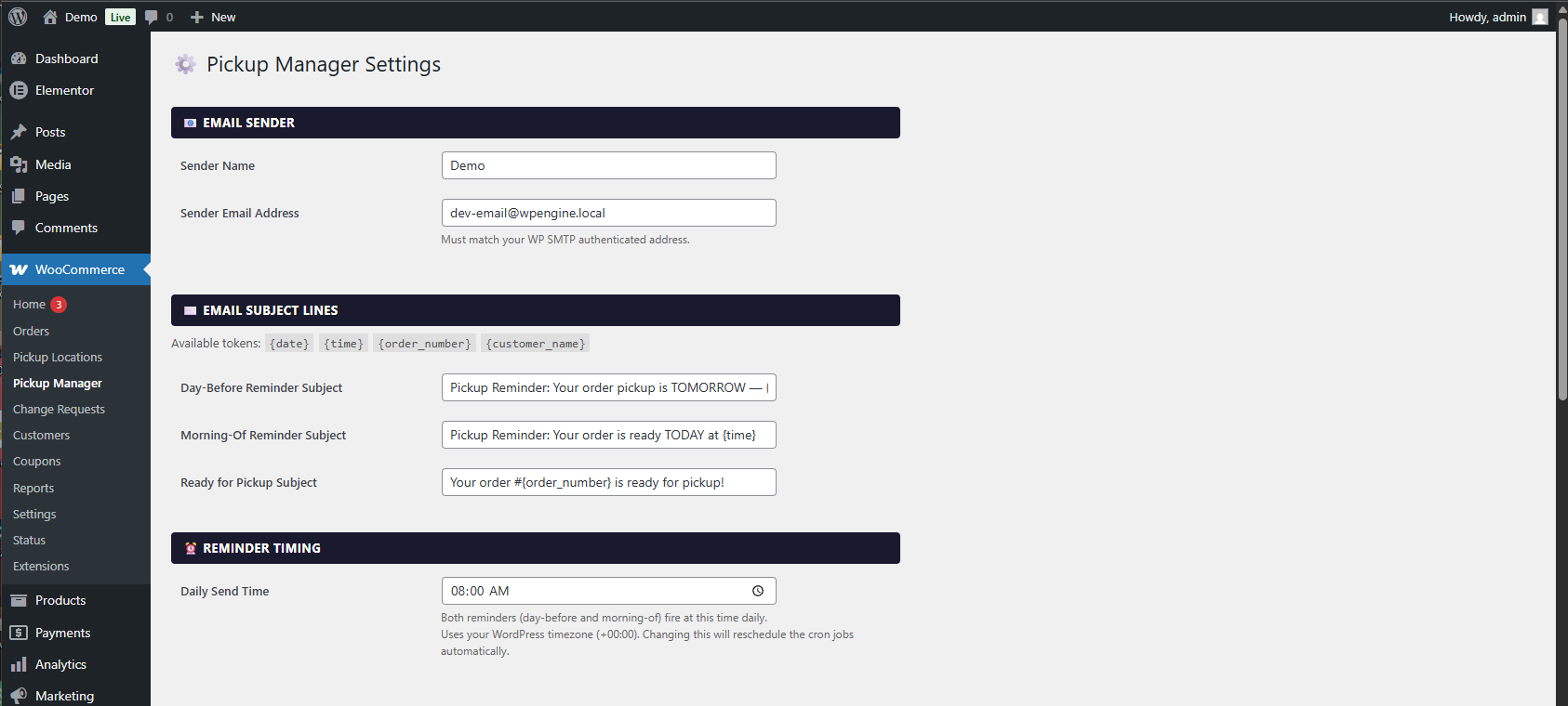 Pickup Manager Settings — Email Sender, Subject Line templates, and Reminder Timing