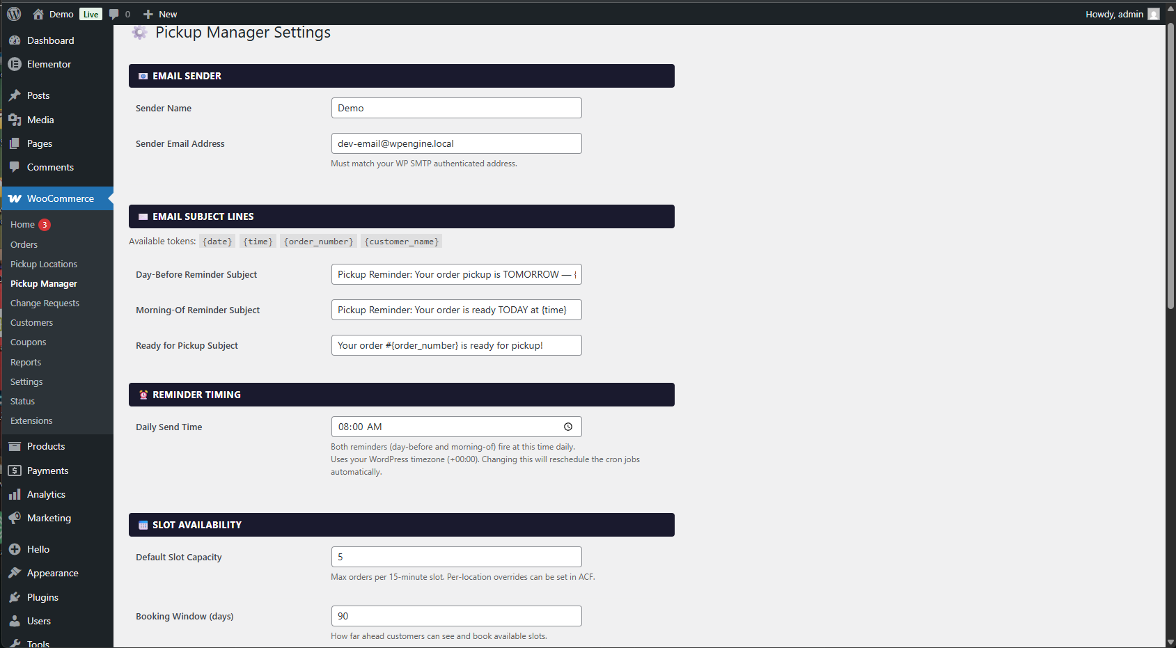 Pickup Manager Settings — Slot Availability: default capacity and booking window