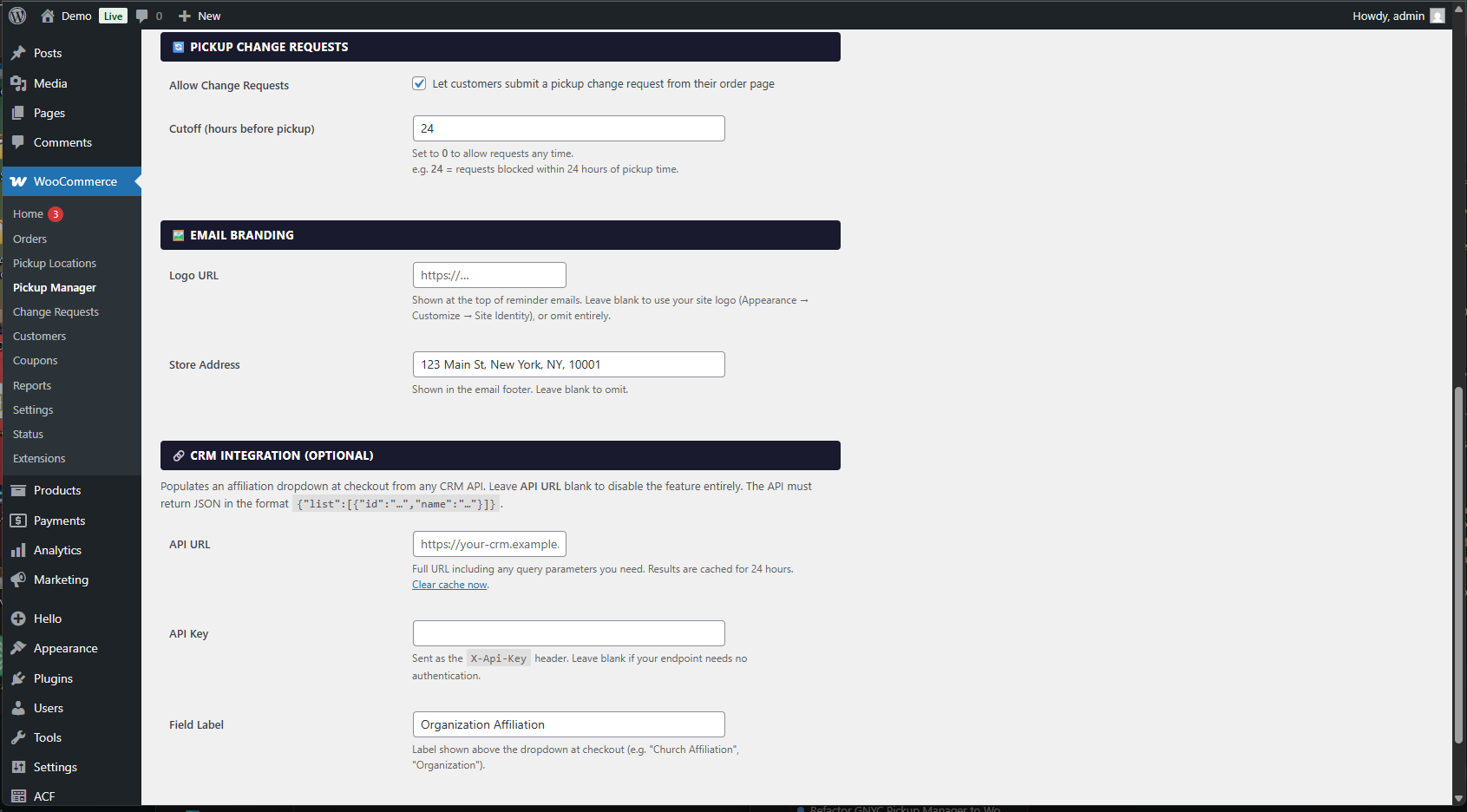 Pickup Manager Settings — Change Requests, Email Branding, and CRM Integration