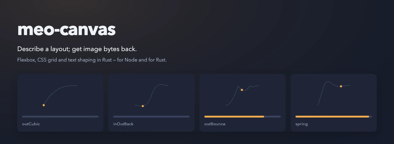 meo-canvas — four easing curves animating, each drawn by the library itself