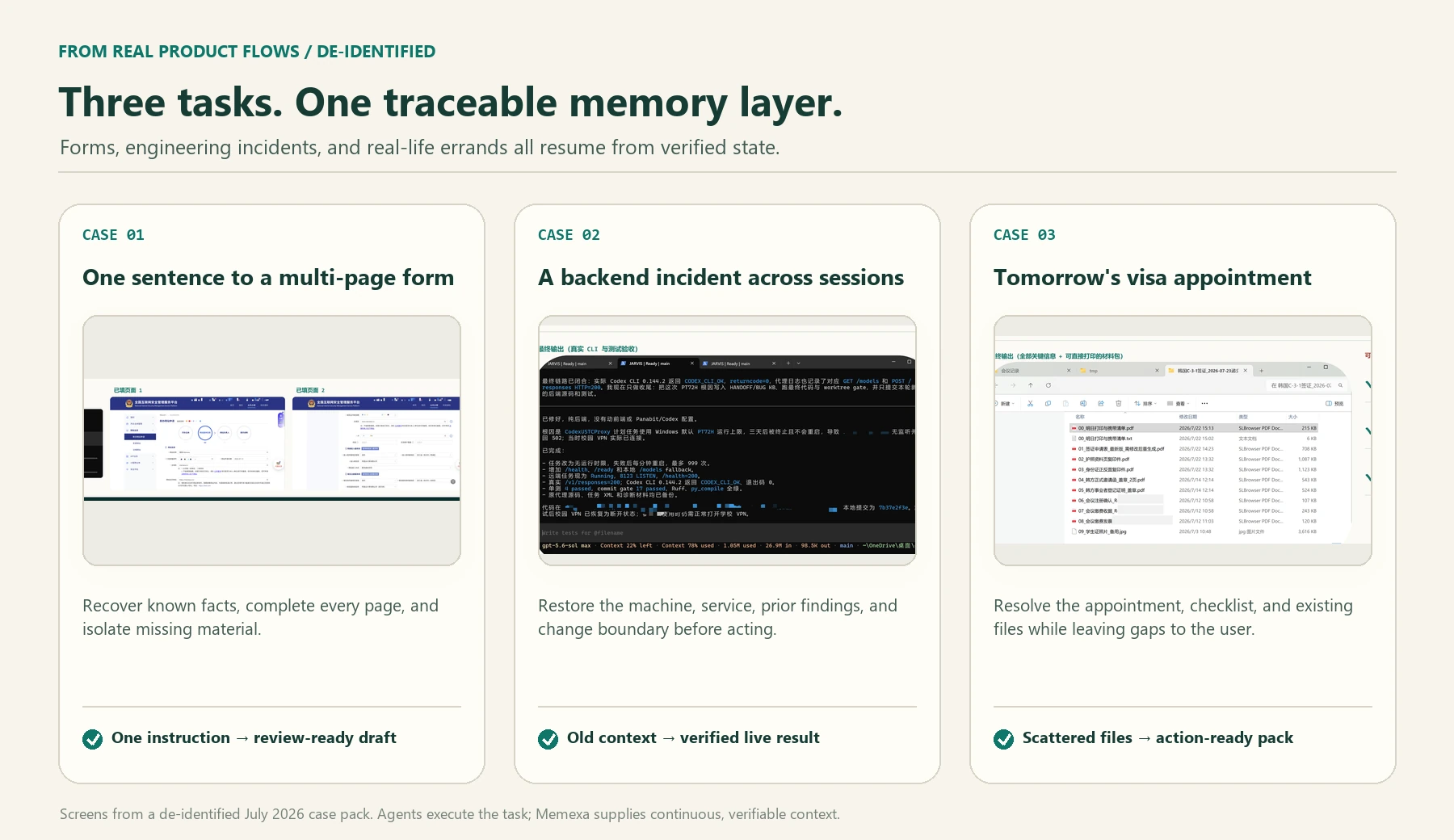 Three de-identified product workflows: complete a multi-page form, continue a backend incident across sessions, and prepare for a visa appointment