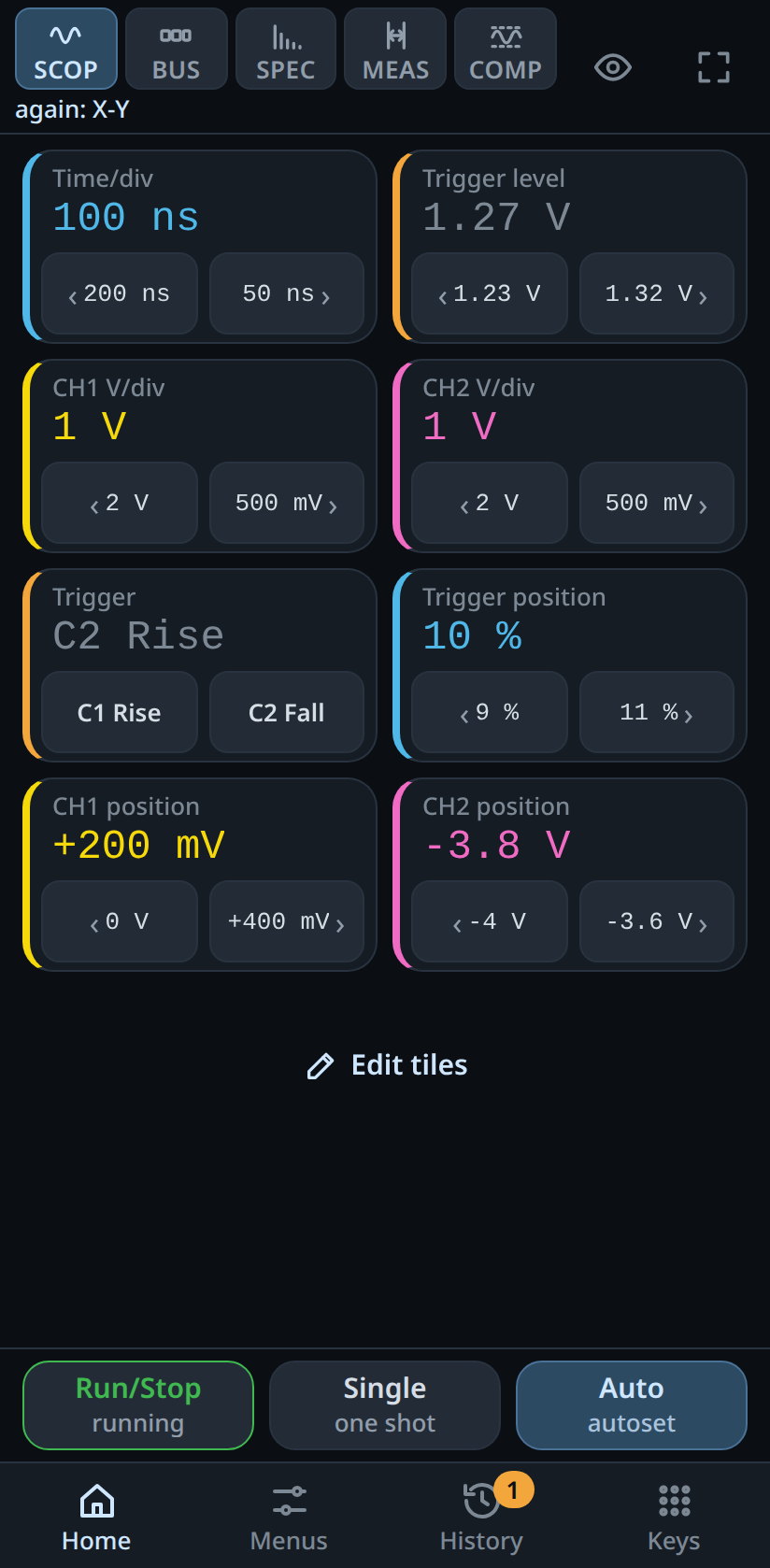 Phone remote Home: big tiles for time/div, trigger level and V/div, the workspace chips, Run/Stop, Single and Auto