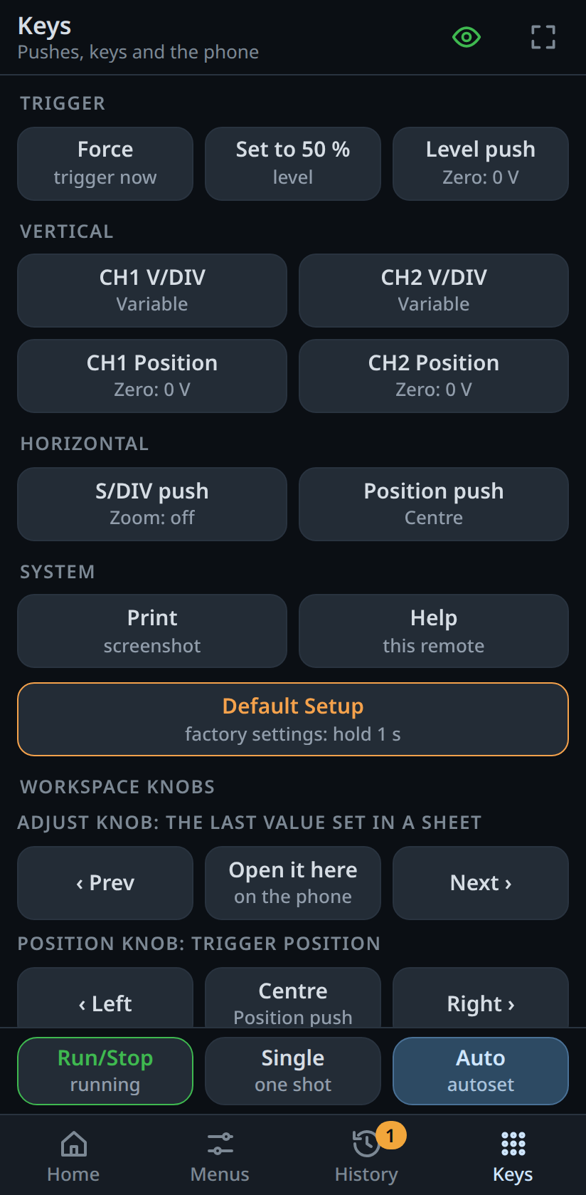 Phone remote Keys: the knob pushes and keys, and the phone's keep-awake and fullscreen