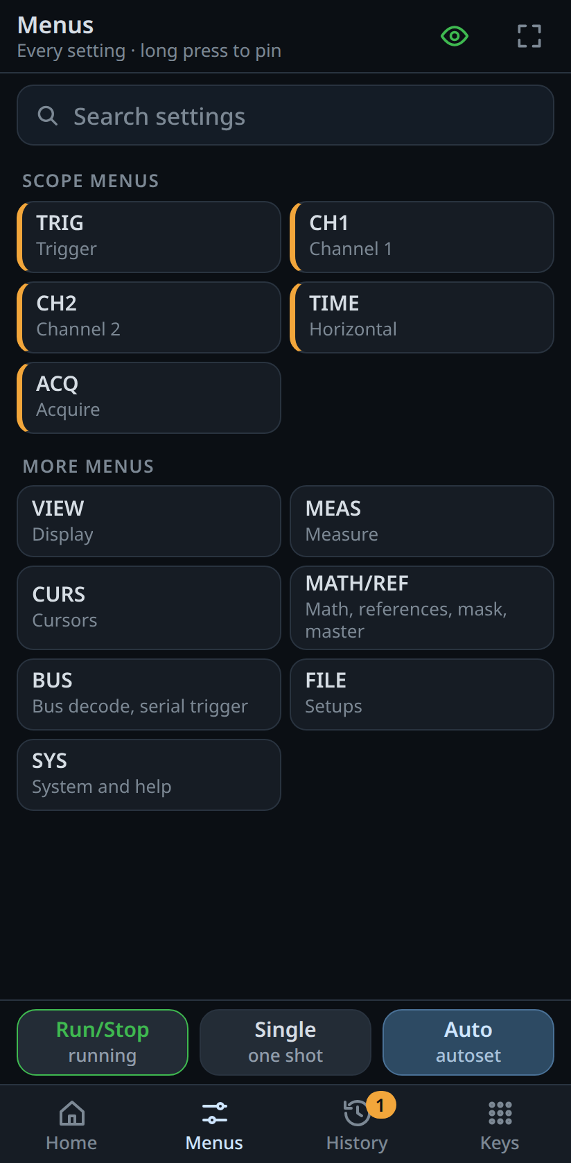 Phone remote Menus: every settings tab, with search
