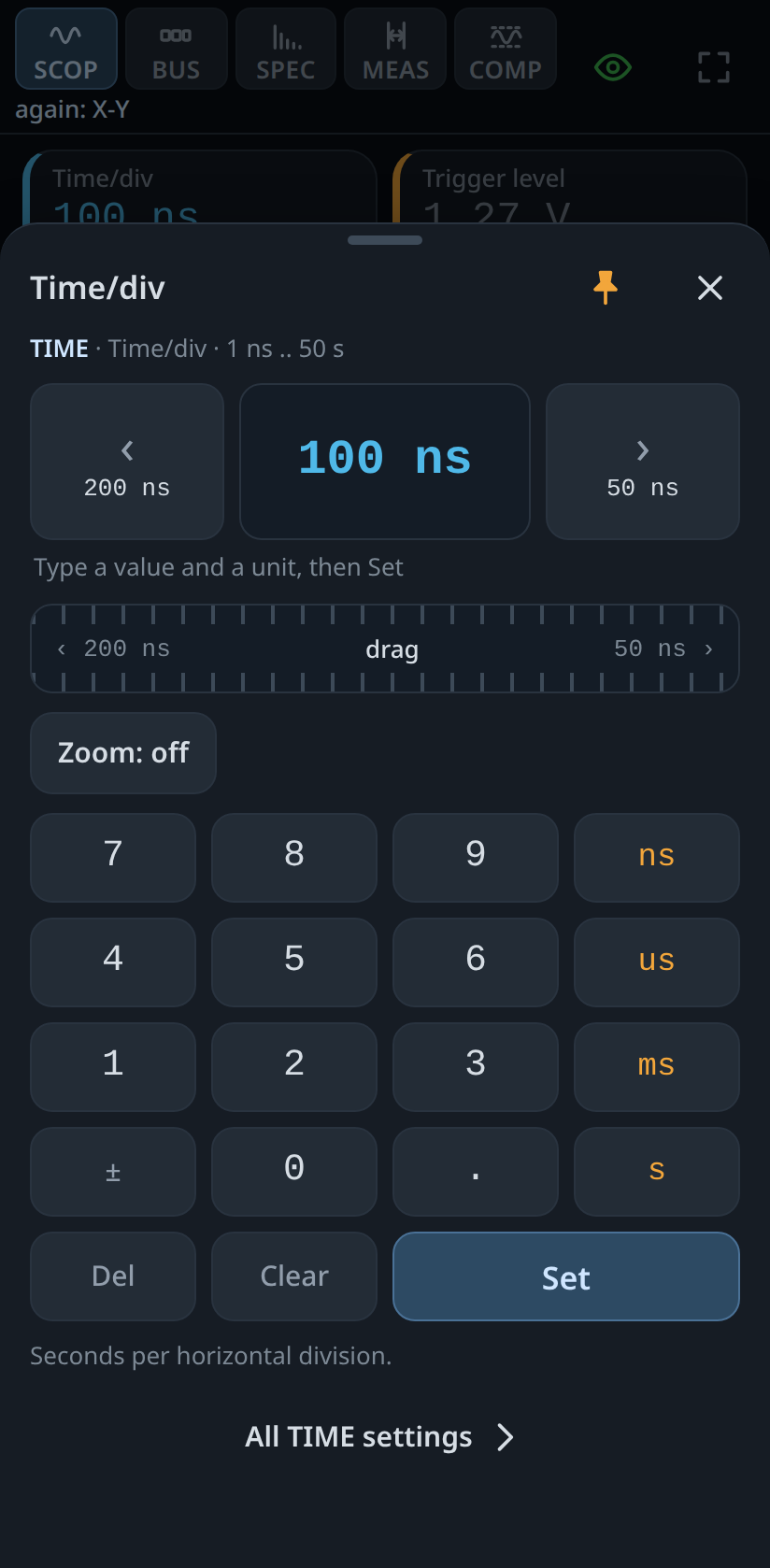 Phone remote typed entry: a keypad with units for time/div