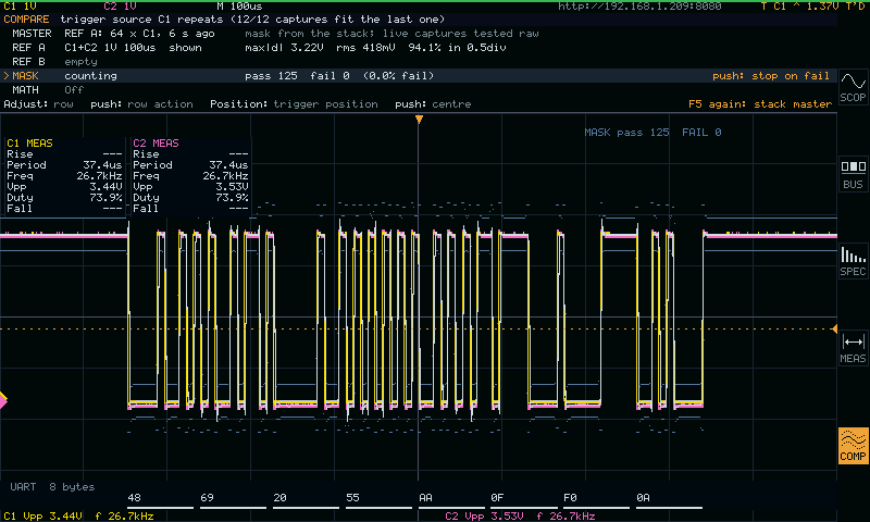 COMPARE: a master stacked from 64 captures of a UART in REF A and its mask testing live captures