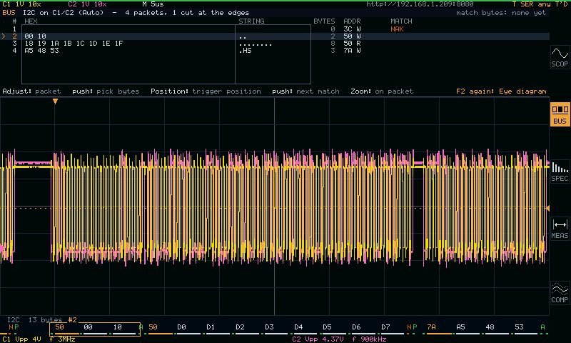 Native LCD, BUS workspace: 3.4 MHz high-speed I2C decoded and triggered on a read of 0x50
