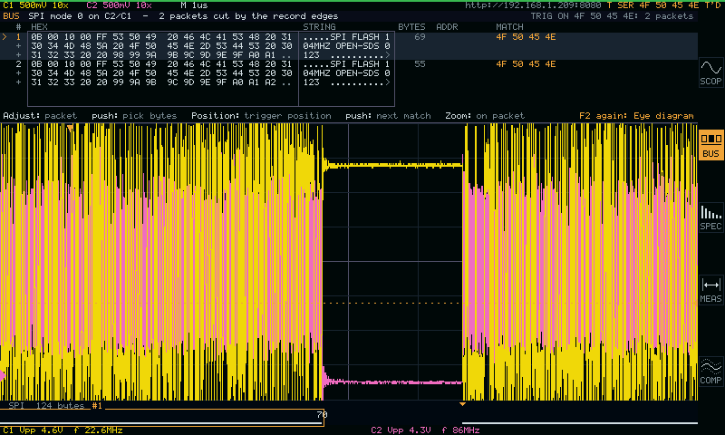 Native LCD, BUS workspace: the 104 MHz SPI flash look-alike decoded and triggered on OPEN