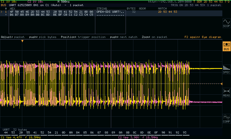 Native LCD, BUS workspace: a 62.5 MBd UART decoded and triggered