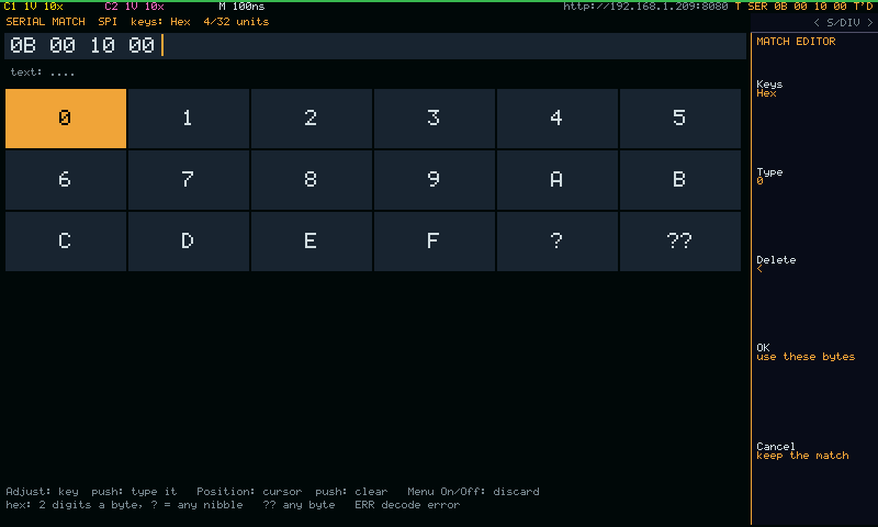 The match editor: a full-screen keypad for the trigger's match bytes, in hex