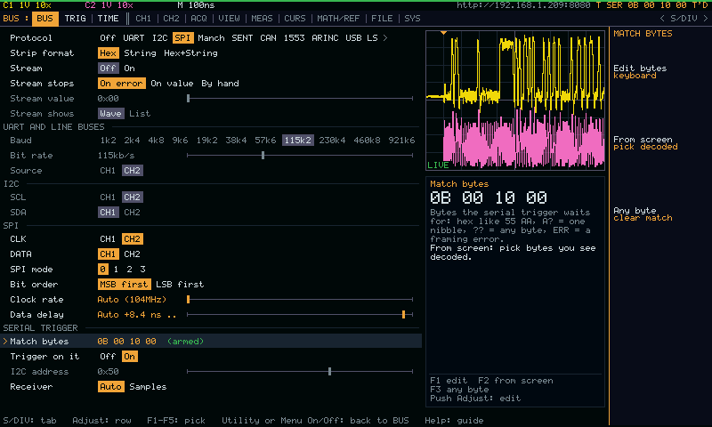 The BUS settings sheet: the SPI decoder, the clock rate and data delay measured on the bus, and the match, with a live preview and help
