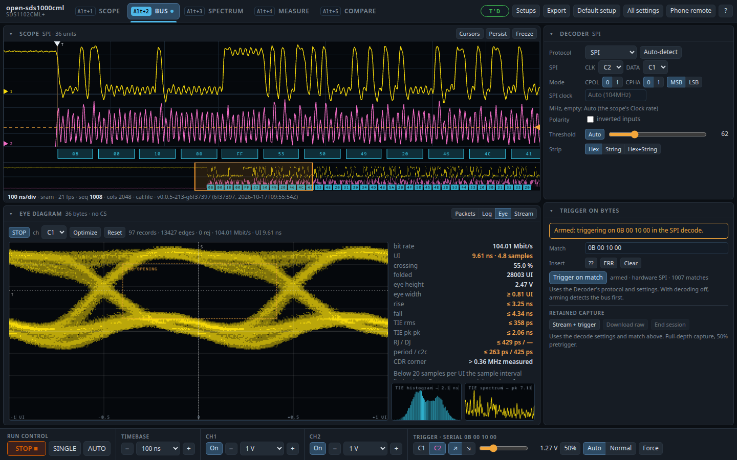 Web BUS eye diagram of the 104 Mbit/s data with jitter analysis