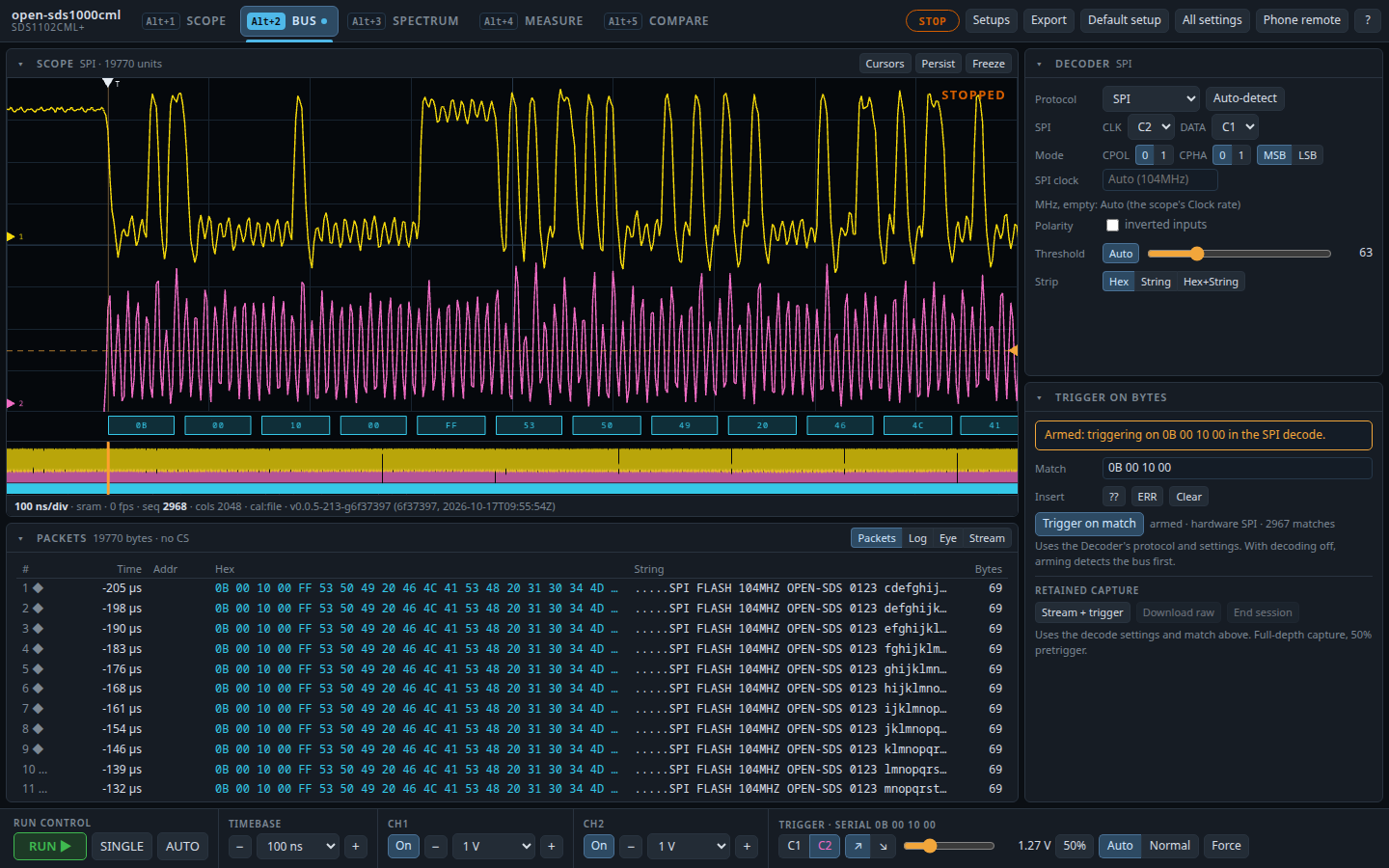 Web BUS workspace: the decoder, the packet table of a stopped record's 286 flash reads and the trigger on bytes