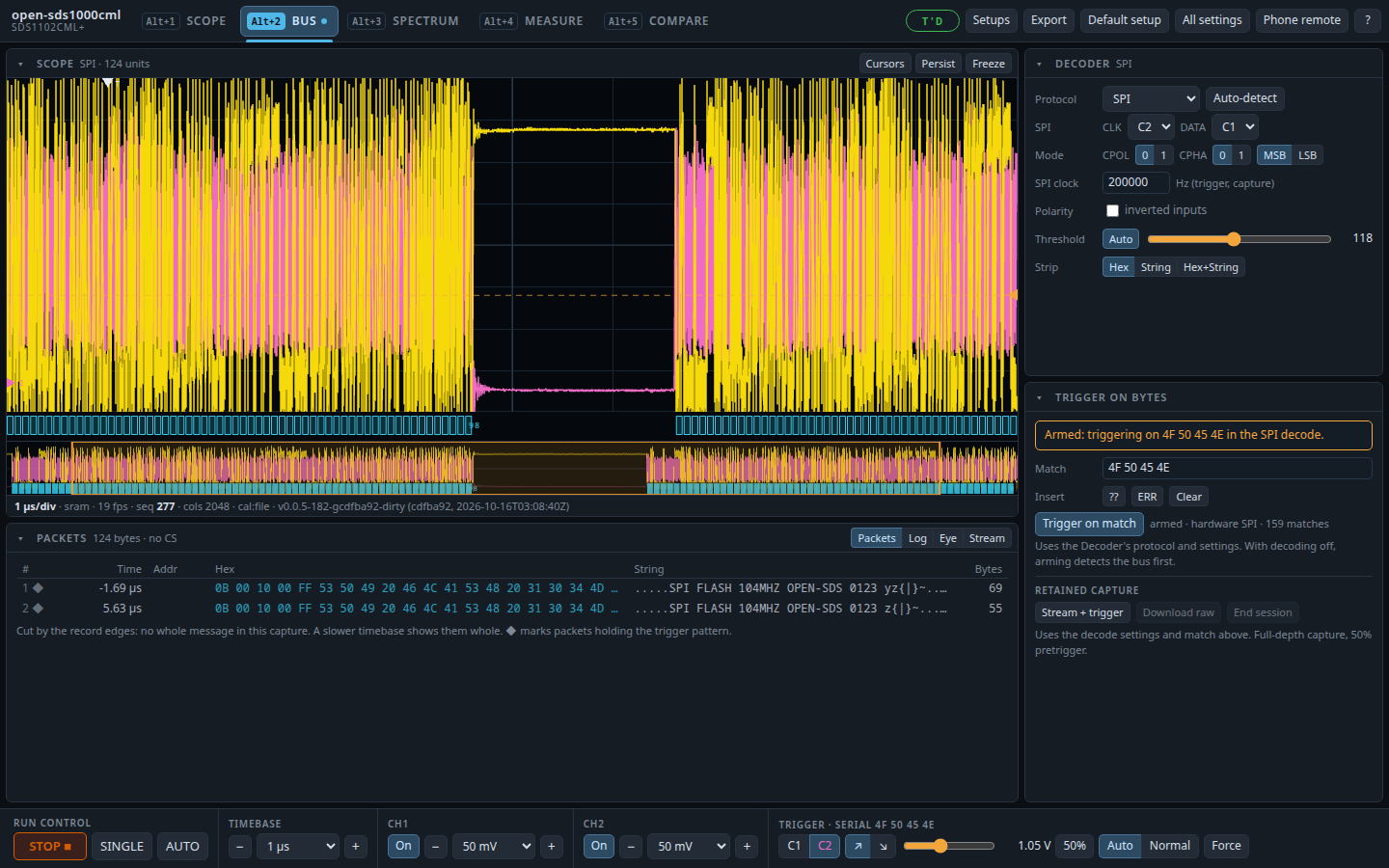 Web BUS workspace: the 104 MHz SPI bus decoded at the data delay, the hardware trigger's matches counted