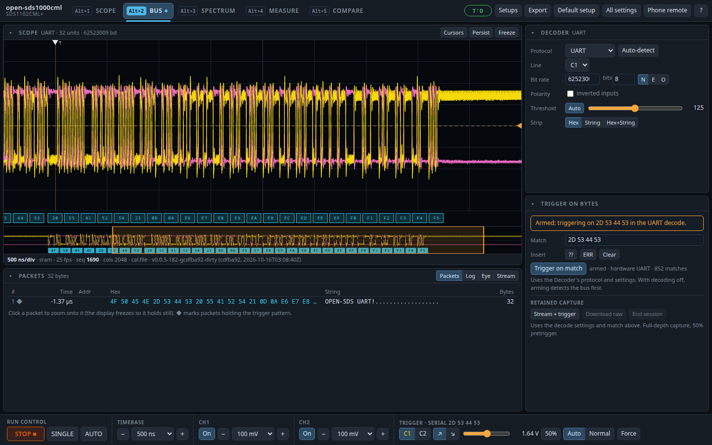 Web BUS workspace: the 62.5 MBd UART, triggered on -SDS
