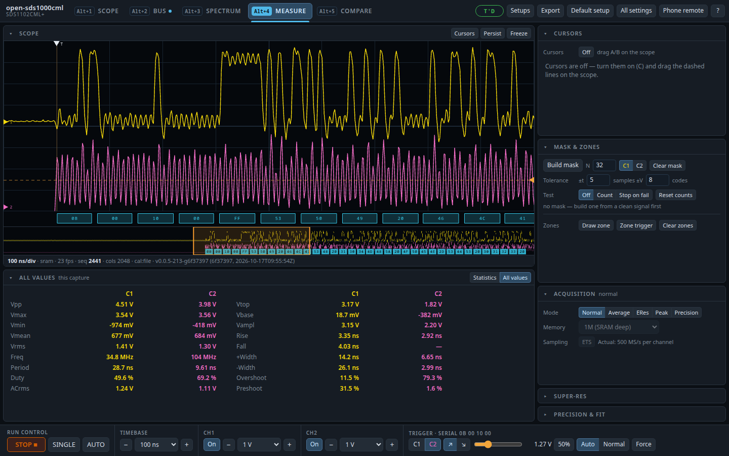 Web MEASURE, All values: every measurement of both channels in this capture