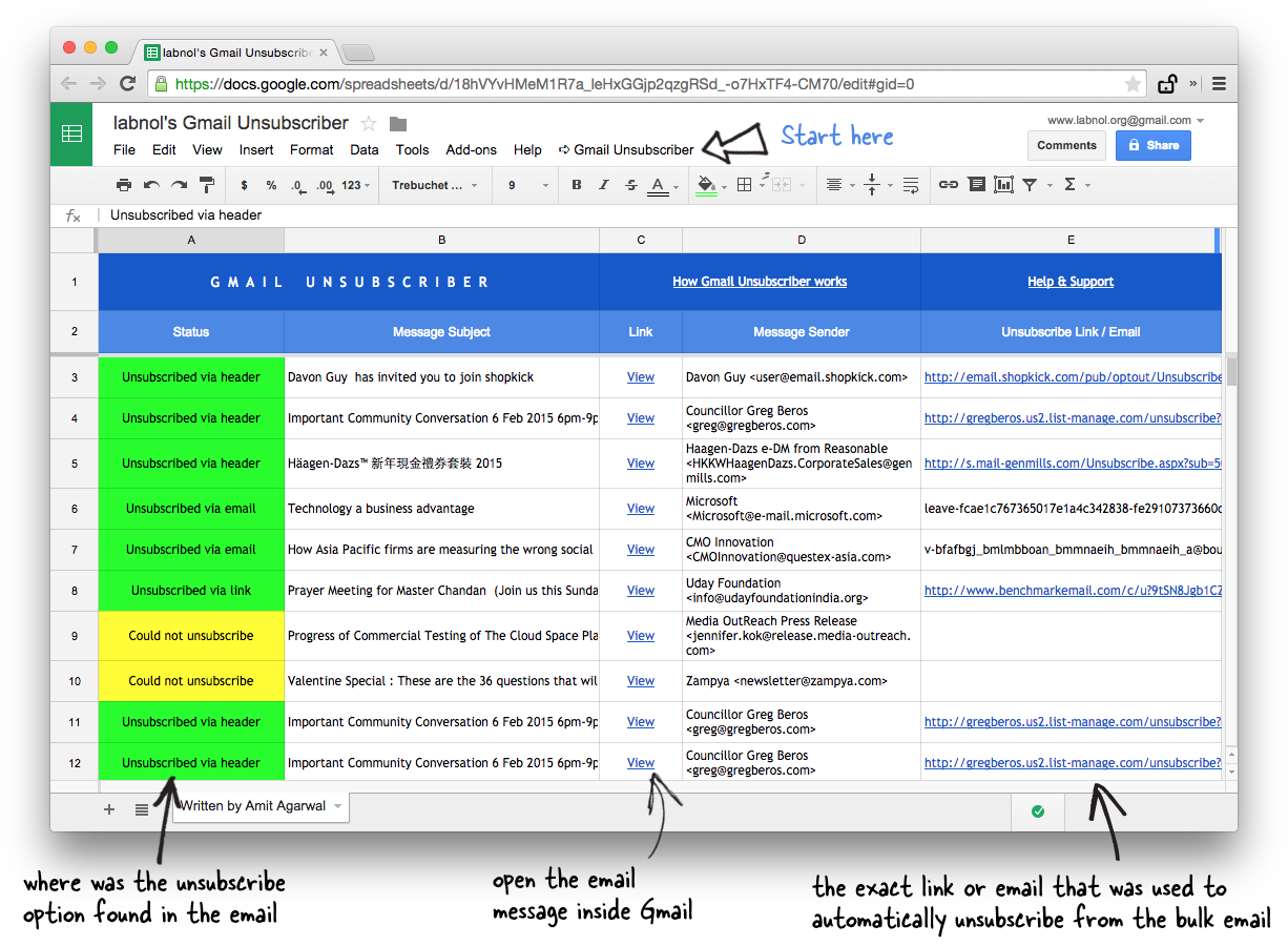 Gmail Unsubscribe stores logs in your Google Sheet Google Sheet - Digest of Unsubscribed Emails