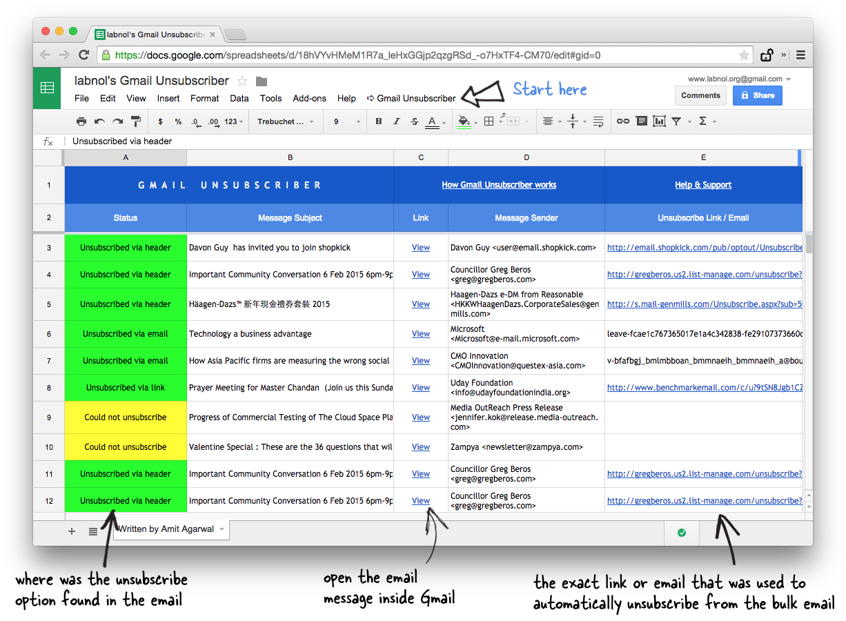 Google Sheet - Digest of Unsubscribed Emails
