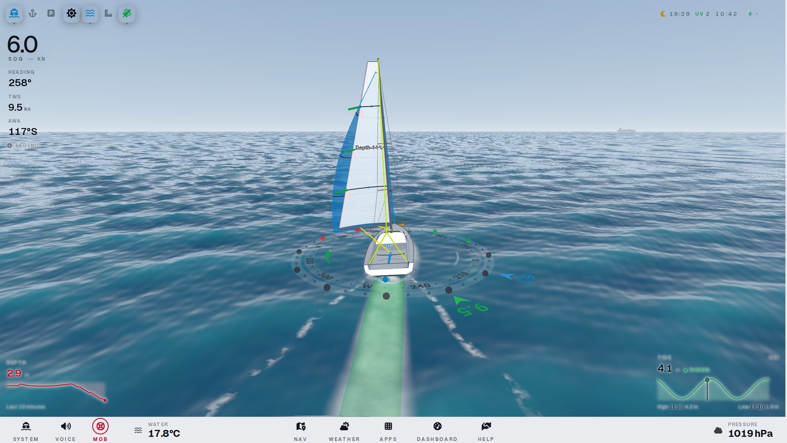 Under spinnaker leaving La Rochelle: realistic sea from the true wind, sail trim stripes and telltales, compass and tide