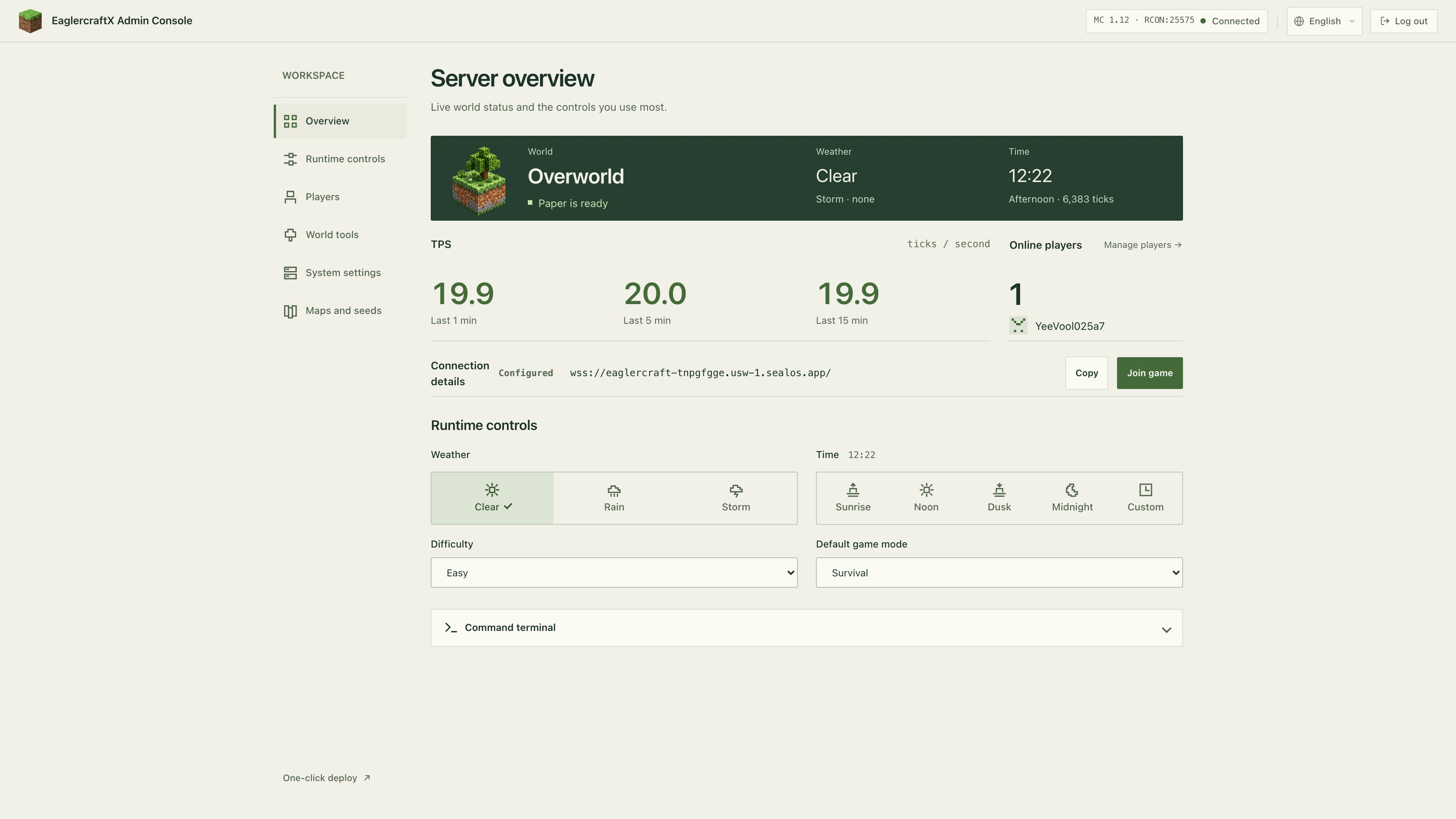 Sealos deployment admin console showing Paper is ready, the WebSocket address, Join game, and a connected player