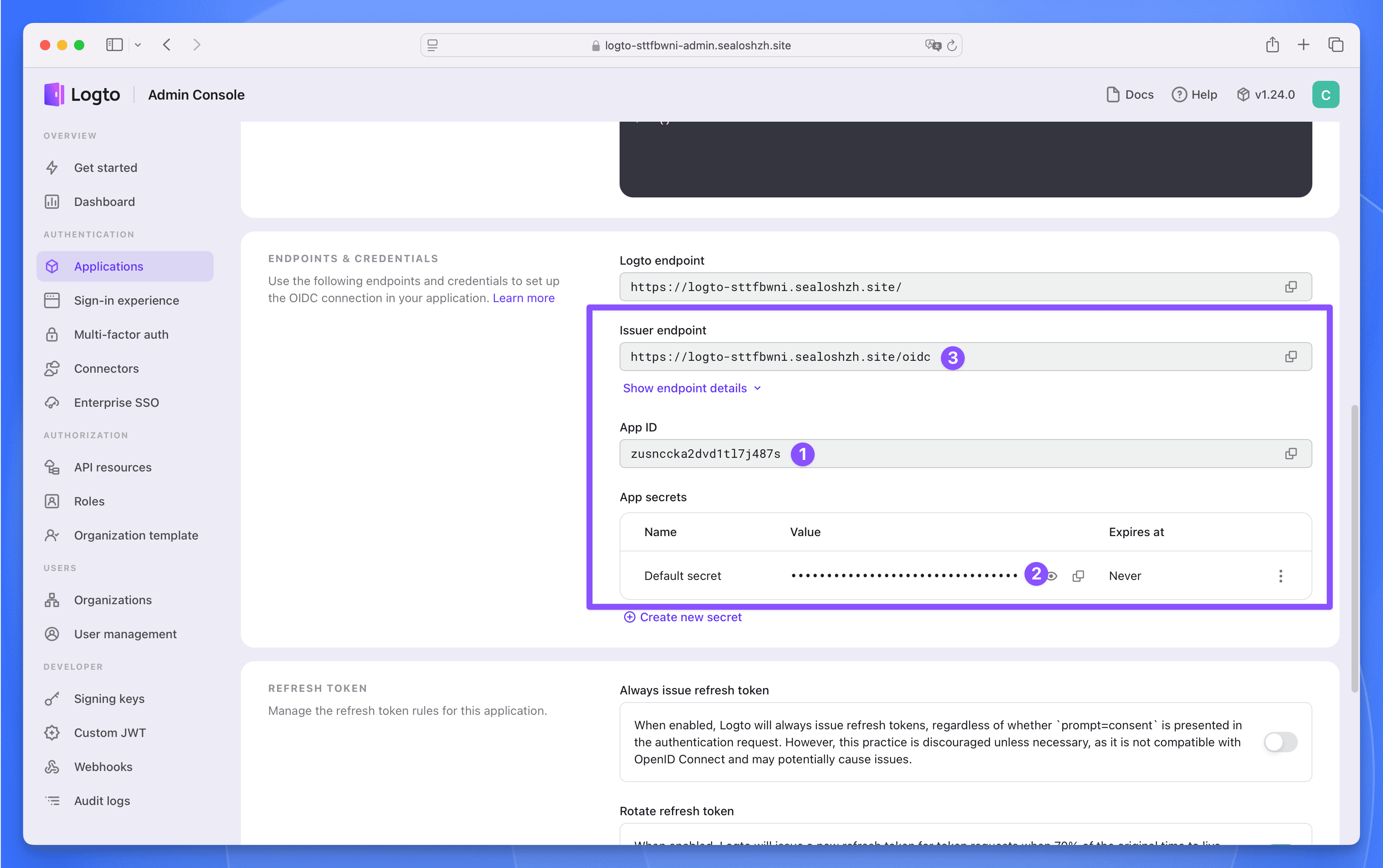 Logto application detail page
