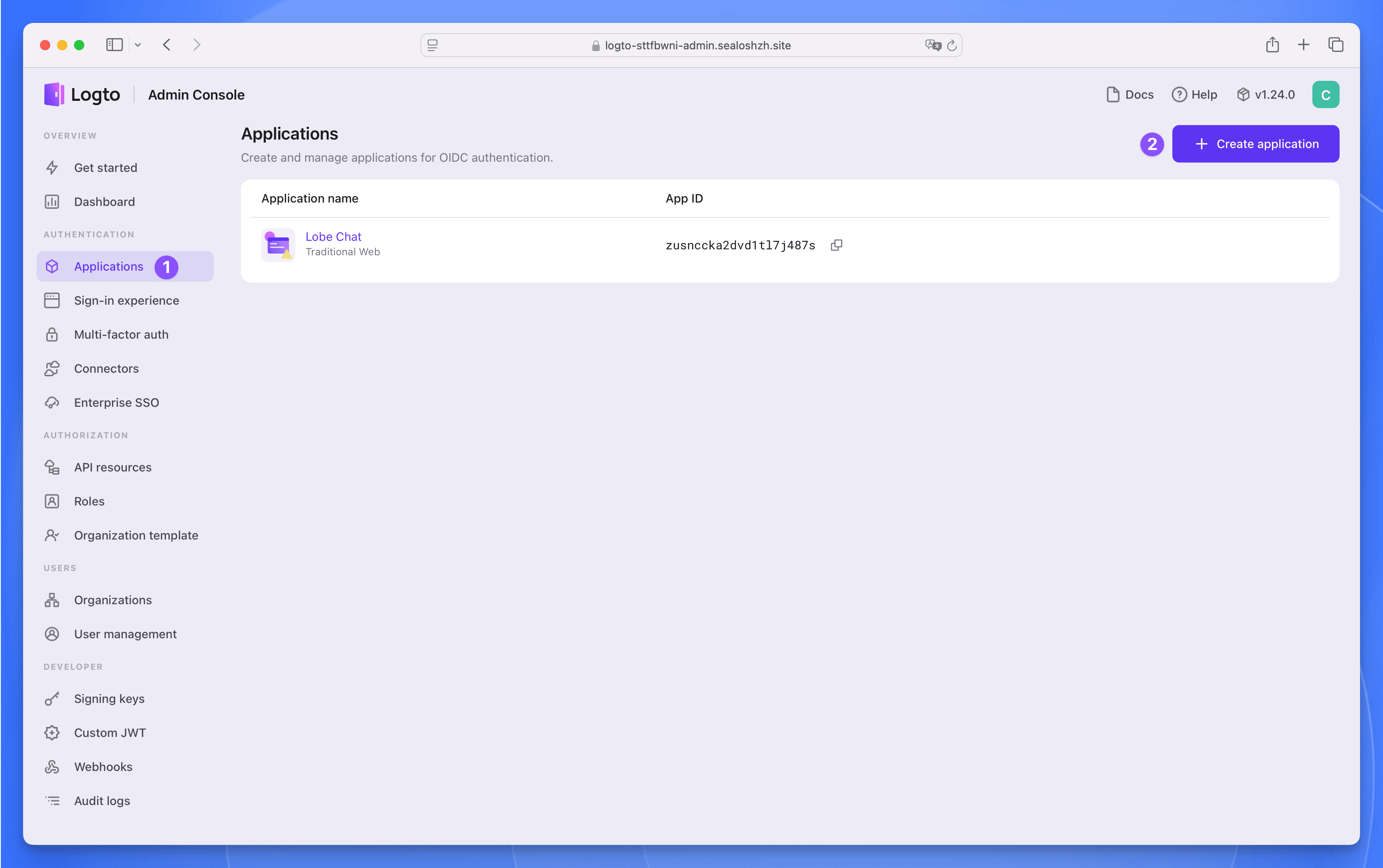 Logto application list page