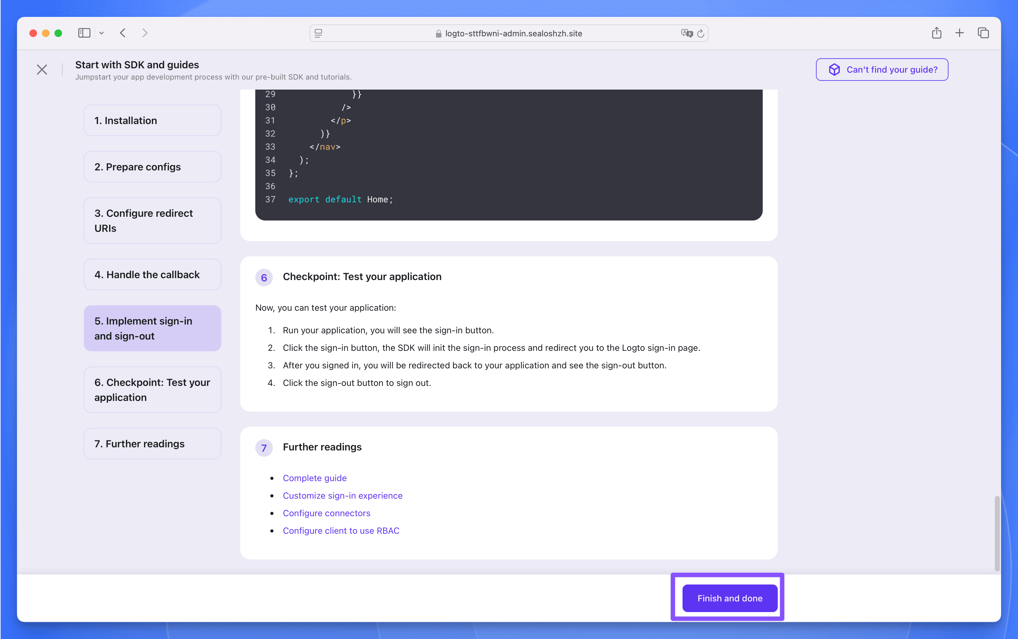 Logto create application done page