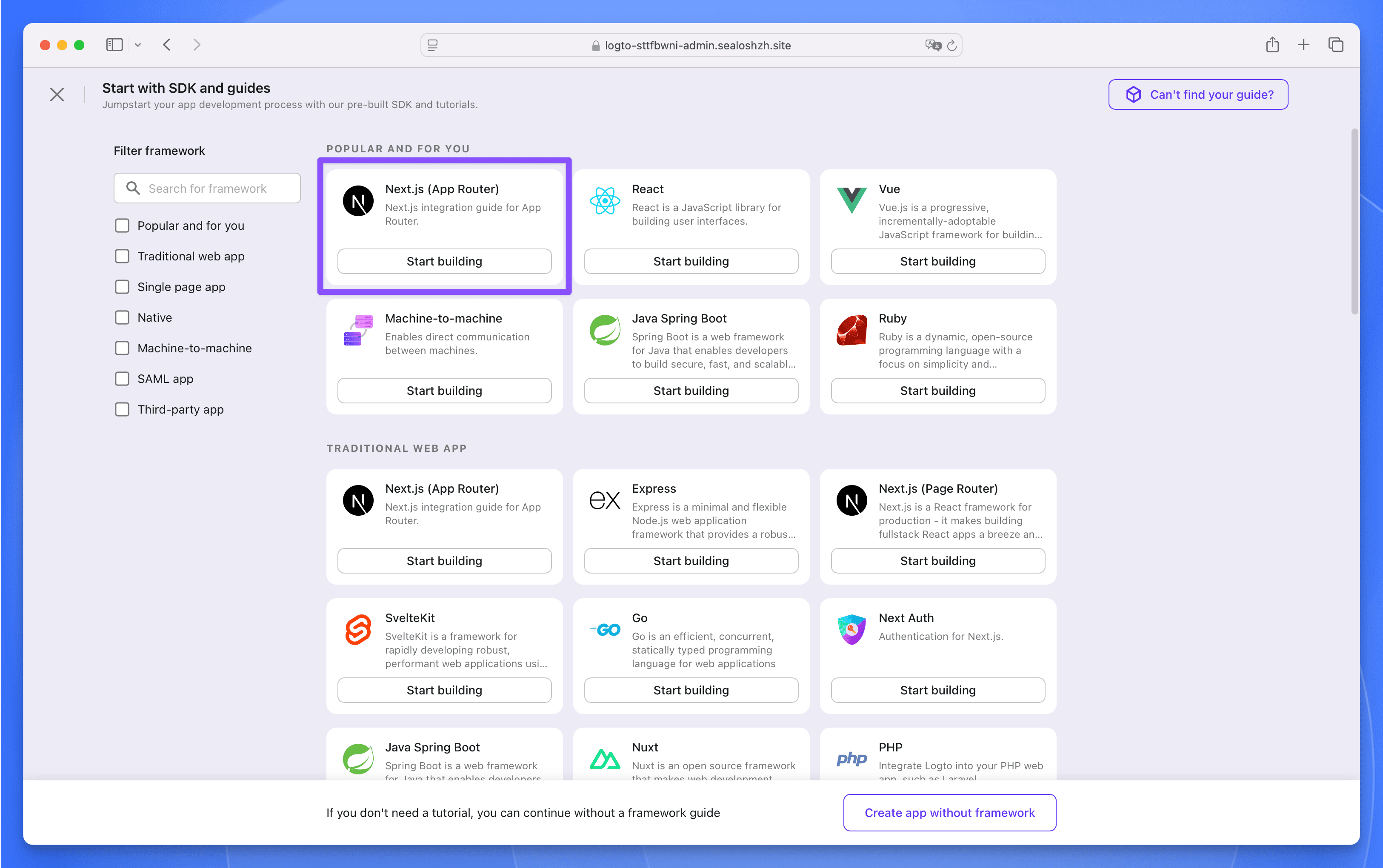Logto create application page