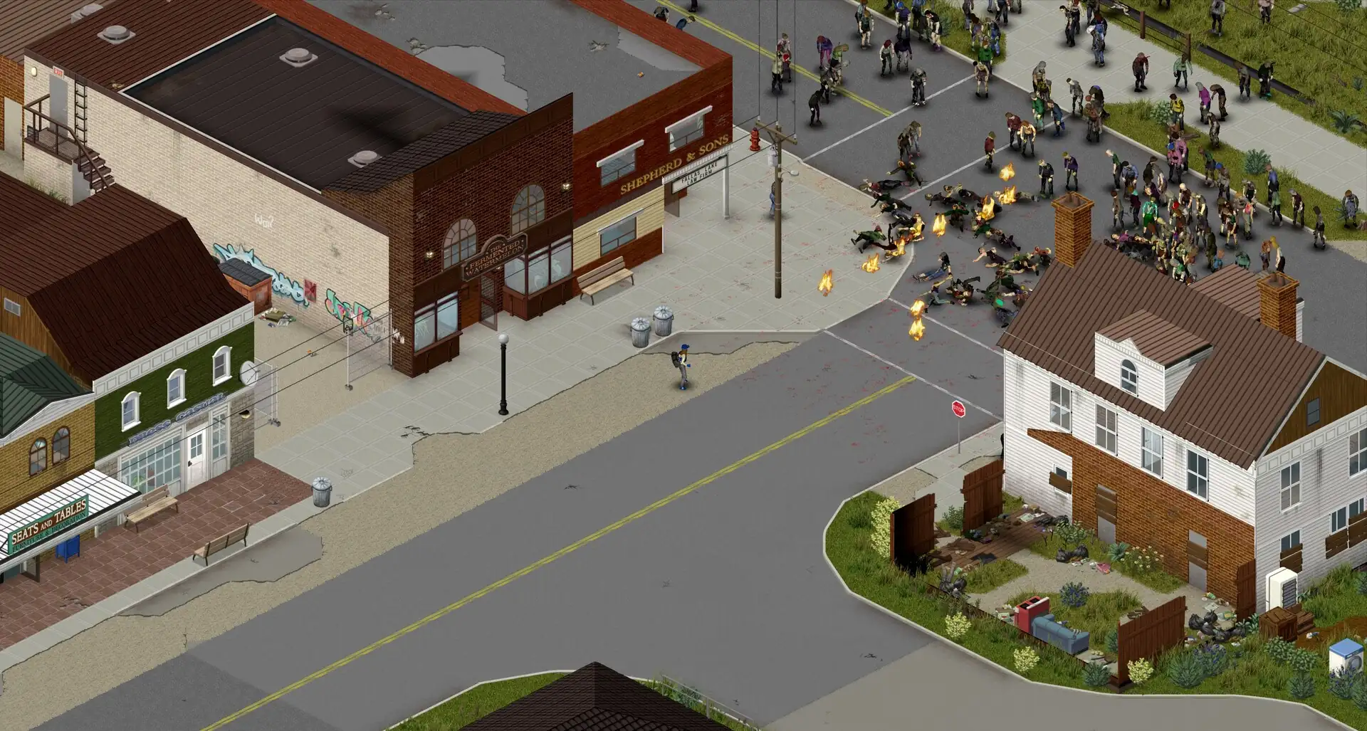 Project Zomboid in-game screenshot showing a survivor facing a zombie horde