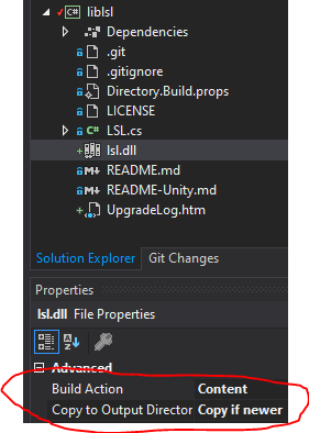 Visual Studio lsl.dll properties