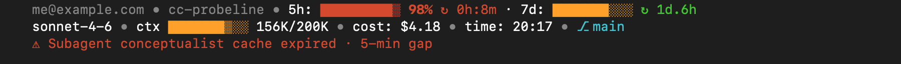 Quota warning: 5h window at 98% with its reset clock, plus a subagent cache-expired alert