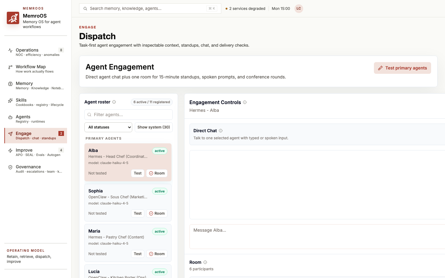 MemroOS dispatch page with A2A cards and live delegations