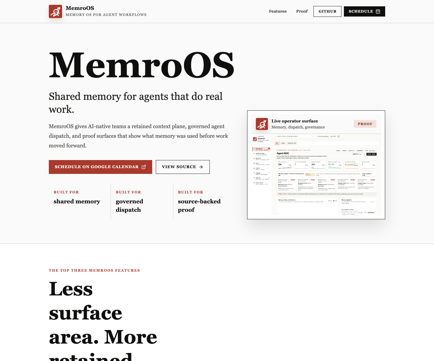 MemroOS public landing page with shared agent memory, governed dispatch, and source-backed proof