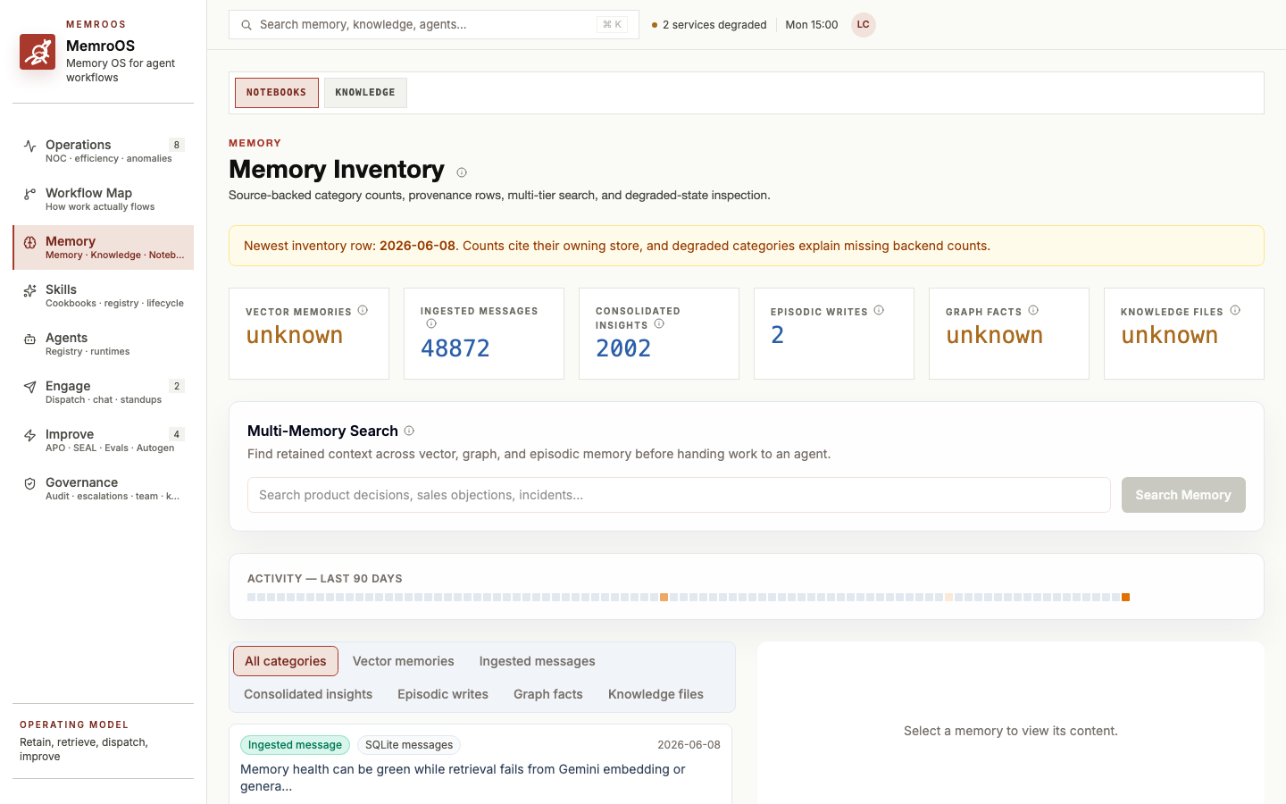 MemroOS memory page with multi-memory search, retained context, and activity heatmap