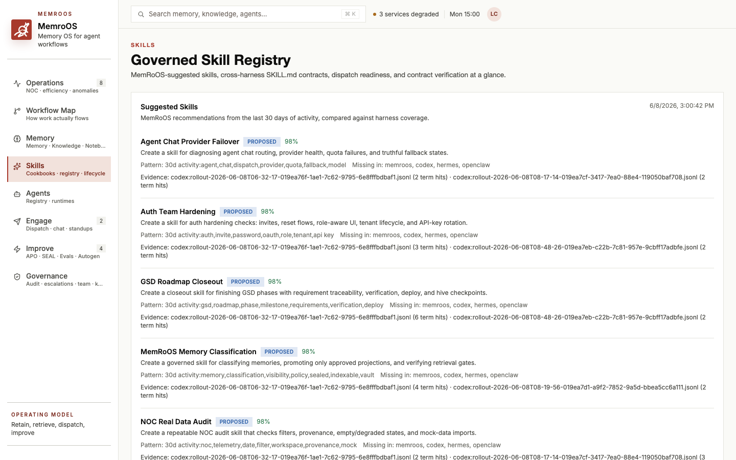 MemroOS skills page showing procedural playbooks and skill analytics