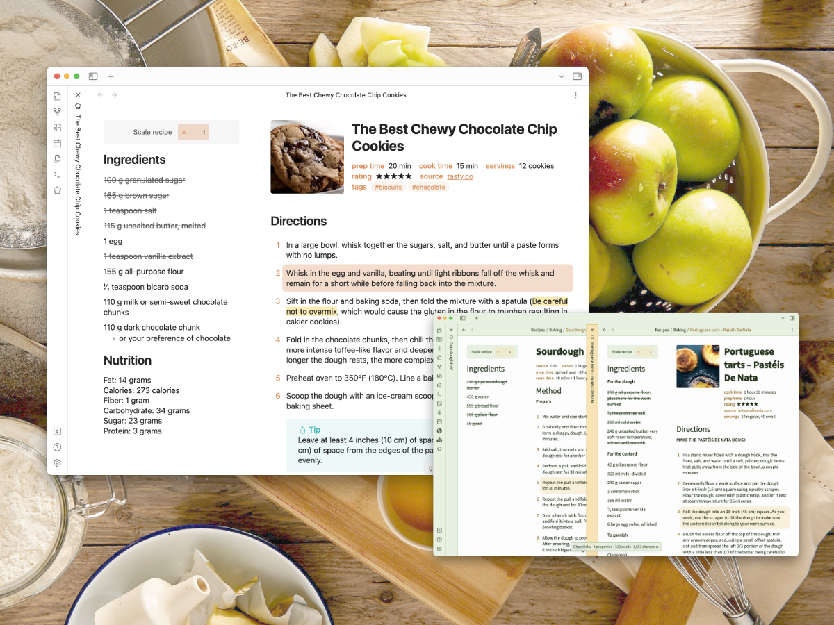Two example windows of the plugins showing open recipes