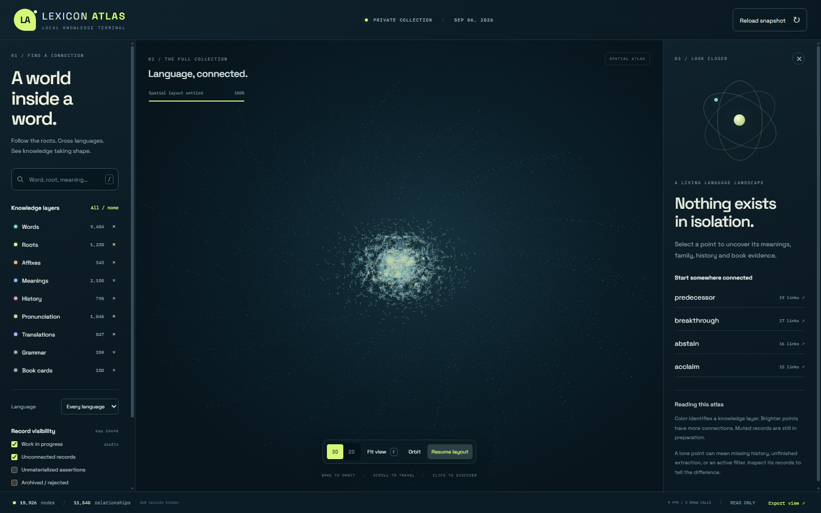 Actual Lexicon Atlas desktop view showing a local three-dimensional lexical knowledge graph