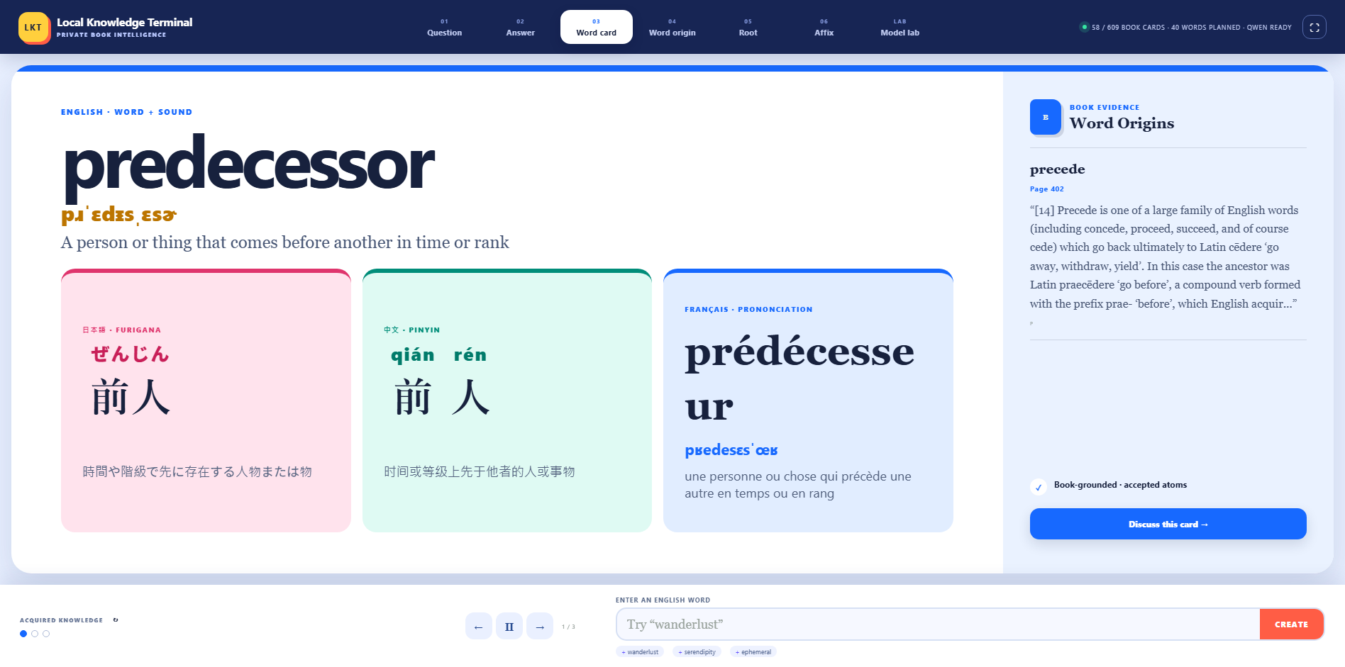 Local Knowledge Terminal multilingual Word Card interface