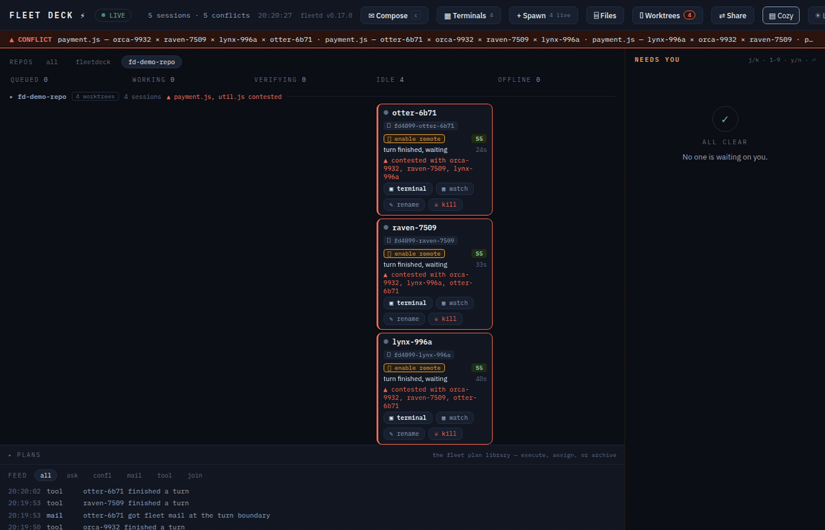 The board: four agents working one repo in separate worktrees, cards moving between columns as each turn lands, and the conflict radar flaring when two of them touch the same file.