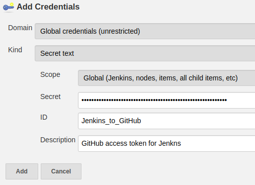 Add GitHub access token as secret text