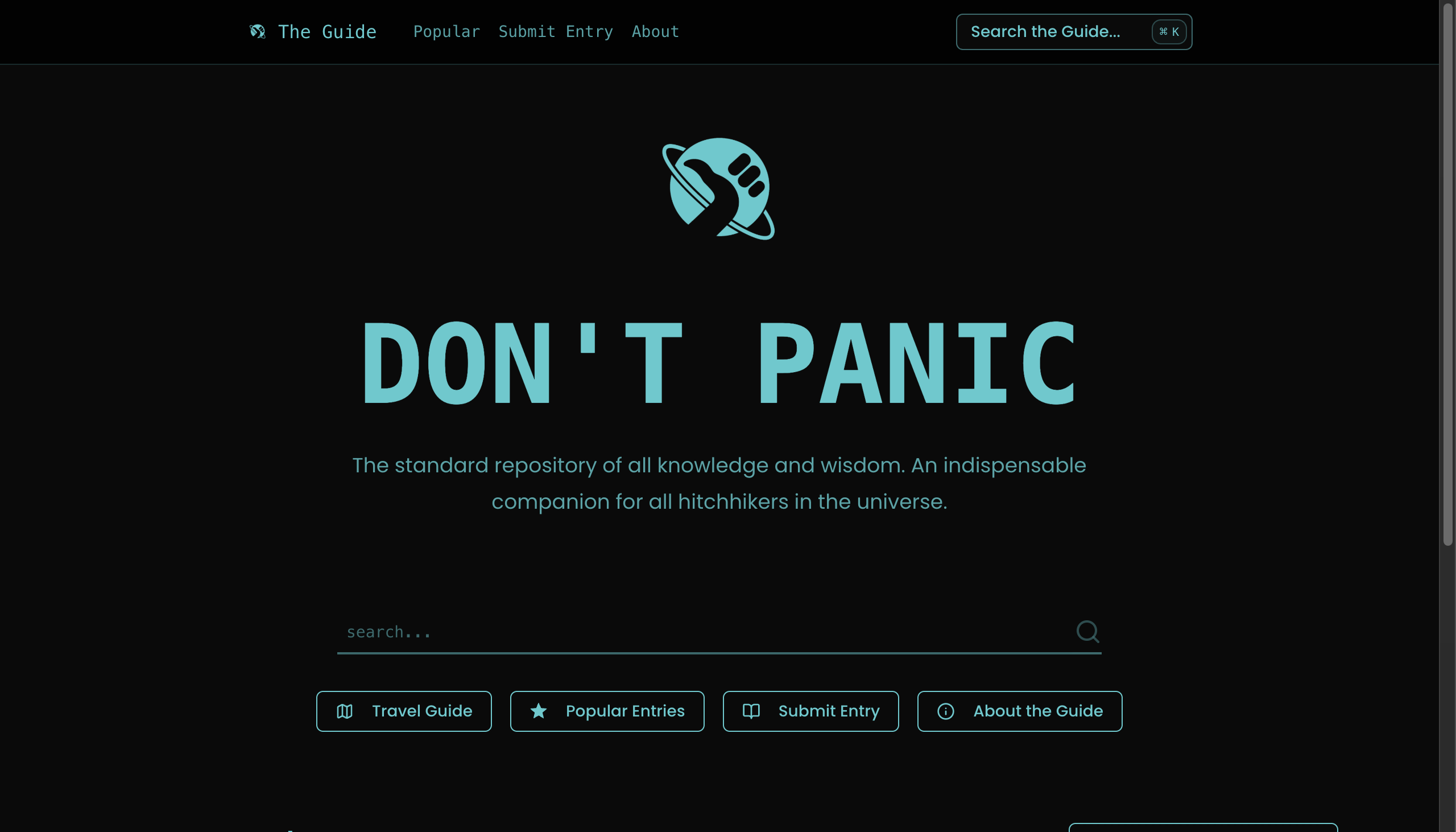 Homepage hero — DON'T PANIC