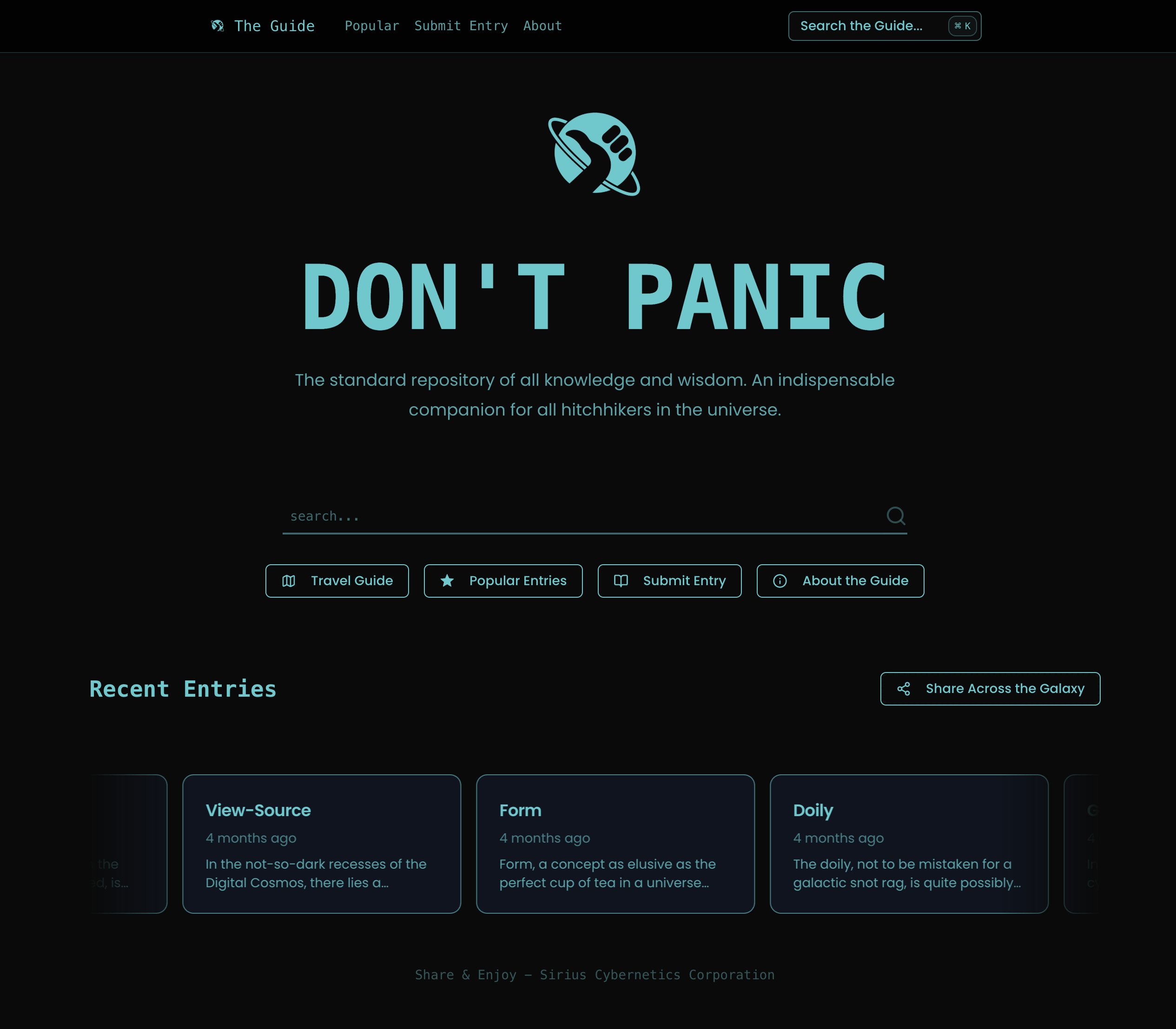 Homepage with recent entries