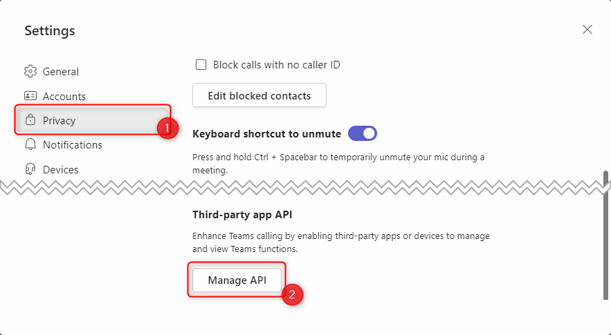 Location of the "Manage API" button in the Teams settings