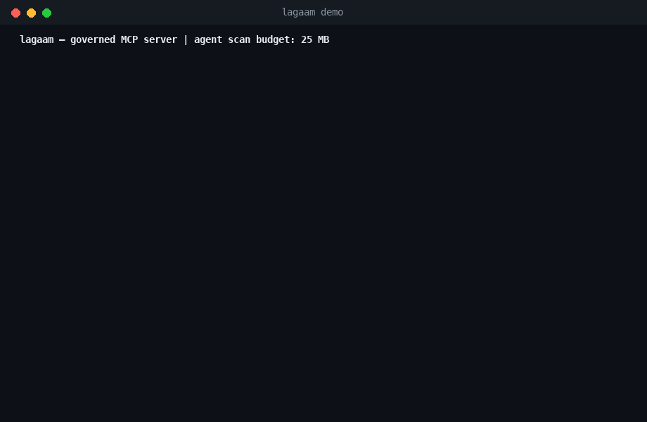 Lagaam demo: SELECT * rejected, an oversized join blocked pre-execution, a scoped query running