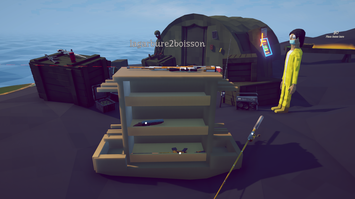 A rack at the spawn point, gear on its shelves and a rod standing in the flank