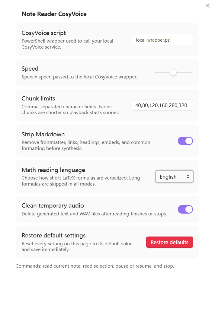 Note Reader CosyVoice settings
